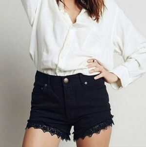 Free People High Rise Distressed Shorts Crochet Lace Trim in Stark Black Size 29